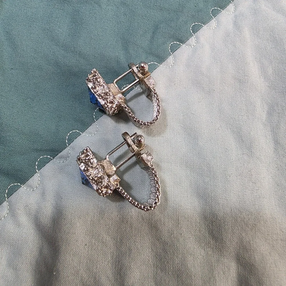 Vintage Mesh Wrap Cufflinks Mens Blue Crystal‎ Silver Tone Square Toggle Back